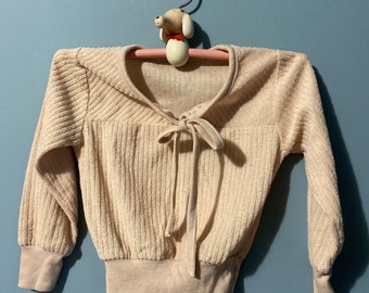 80s vintage kids long sleeve top toddler size tan ribbed terry cloth with cute bow detail soft and fit for any season 2T 18-24month retro