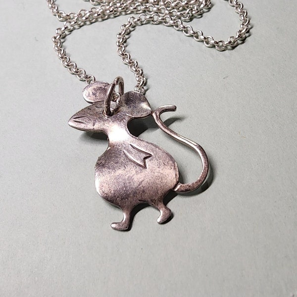 Vintage jewelry, vintage silver necklace, vintage pendant, costume jewelry, mouse pendant necklace