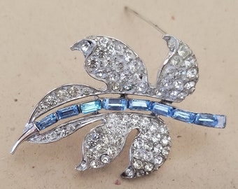 Vintage, clear and blue crystal, leaf brooch