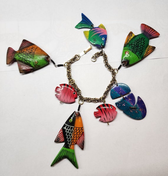Vintage, colorful painted, wood fish shaped charm… - image 1