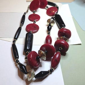 Vintage large black and red plastic beaded necklace