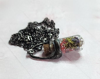 Vintage, glass vial filled with dried flowers with cork stopper pendant necklace