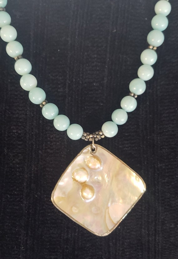 Vintage, blue stone, faux pearl, shell necklace