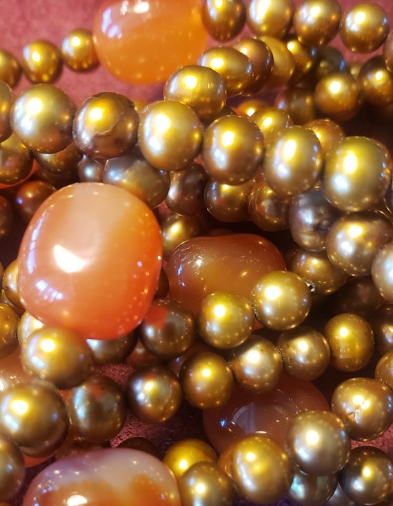 Vintage Gold Pearl Orange Glass Beaded Long Necklace 
