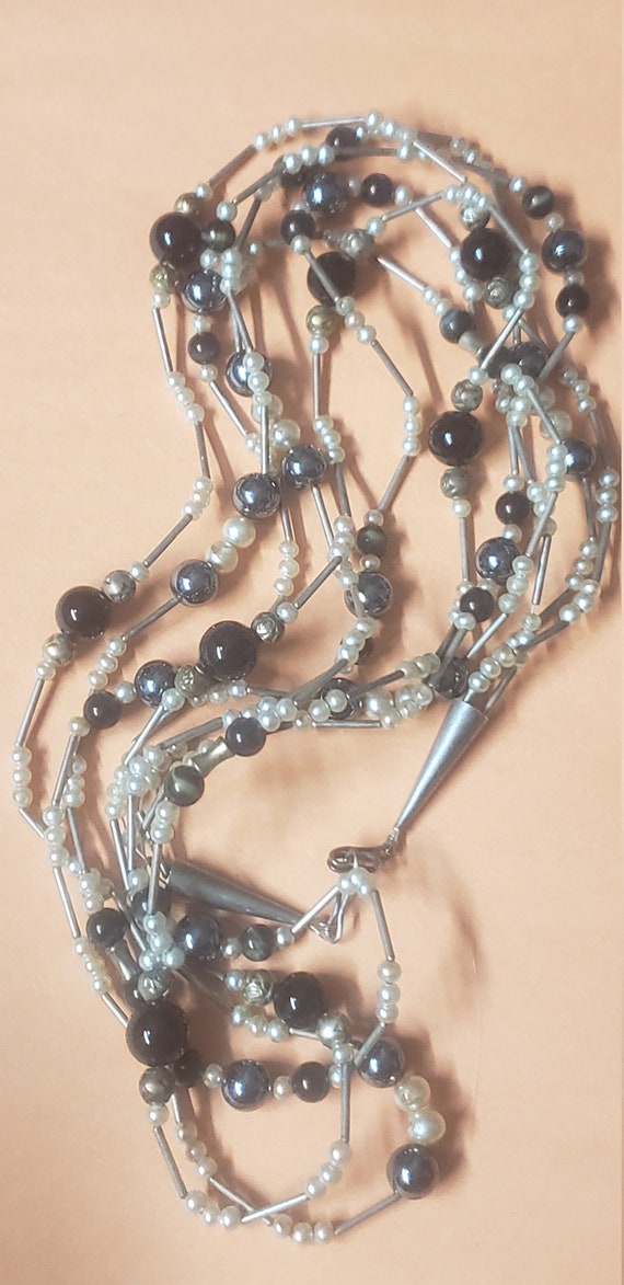 Vintage, black, silver and faux pearl long beaded 