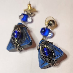 Vintage, art deco, blue, geometric triangular, wire wrapped earrings
