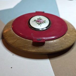 Vintage rose flower cameo mirror wood compact with face powder and pad