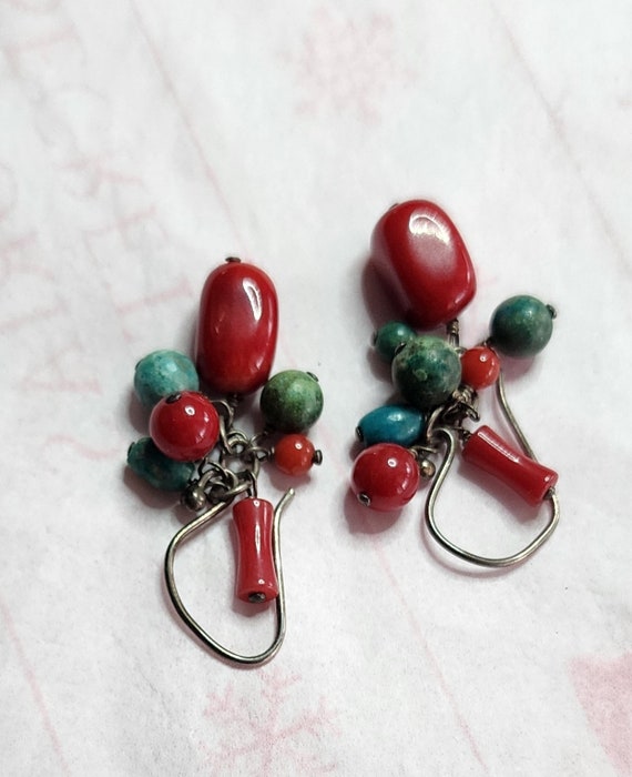 Vintage, dangle, coral and turquoise earrings - image 2
