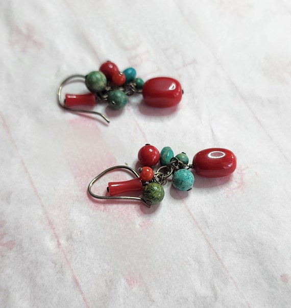 Vintage, dangle, coral and turquoise earrings - image 1