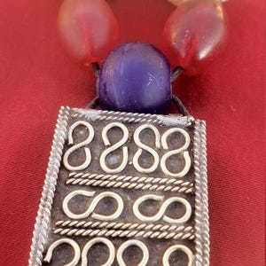 Vintage, red and blue glass, carved bone beaded, silver pendant, India tribal necklace
