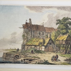 May include: An antique print depicting a stone building with a thatched roof, surrounded by trees and a river. The building appears to be a castle or manor house, with a tall tower and several windows. The print is in a muted color palette, with shades of brown, green, and blue.