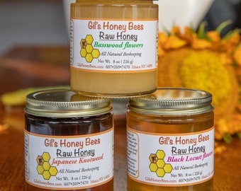 Raw honey sampler + wooden honey dipper. Three 8 oz varietal honey jars, Spring Summer and Fall honey