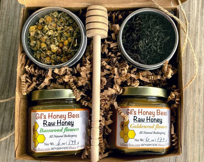 honey and tea gift set, tea lovers gift box, raw honey, honey dipper, and organic fair-trade loose leaf tea