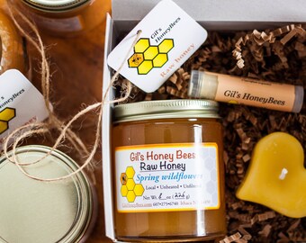 Raw honey gift box - honey sampler pure beeswax candle handcrafted lip balm