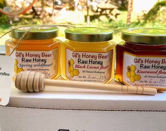 Honey sampler with wooden honey dipper.  Raw Honey gift set with a seasonal honey, naturally made by our honeybees