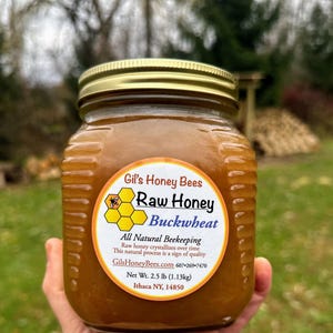 May include: A jar of Gil's Honey Bees raw buckwheat honey. The label features a bee graphic and text that reads "All Natural Beekeeping." The jar contains 2.5 lb (1.13kg) of honey and is sealed with a gold lid.