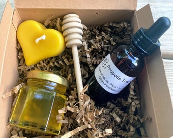 self-care gift box - Propolis tincture, raw honey, pure beeswax candle, honey dipper