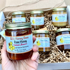 Artisan holiday honey gift box. Six jars of different honey varieties from the NY Finger Lakes region + wooden honey dipper