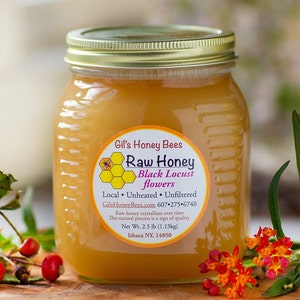 Raw Black Locust honey in 2.5lb glass jar. Unheated and unfiltered pure varietal honey made in Ithaca NY