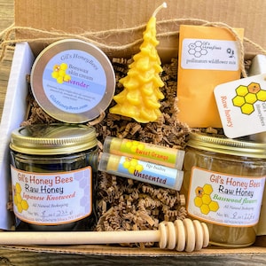 Christmas Gift Basket - Raw Honey, Beeswax Candle, Lip Balm & Skin Cream - Artisanal NY Honey