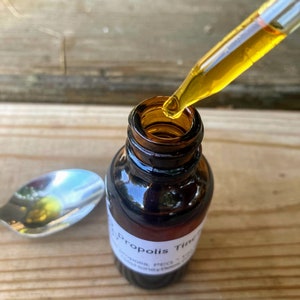 Teinture de propolis, sans alcool, fabriquée avec de la propolis brute récoltée par nos abeilles. Flacon de 1 oz (30 ml)