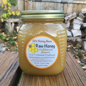 Raw goldenrod honey in glass jar artisan honey unheated, unfiltered honey. 2.5lb honey jar. Varietal honey, Ithaca NY, all natural