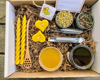 Honey and tea for two. Gift set with raw honey, herbal teas, stainless steel tea infusers, and pure beeswax candles