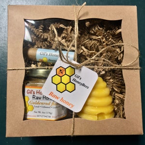 Gift set - raw honey jar pure beeswax candle handmade lip balm