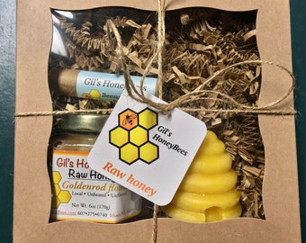 Gift set - raw honey jar pure beeswax candle handmade lip balm