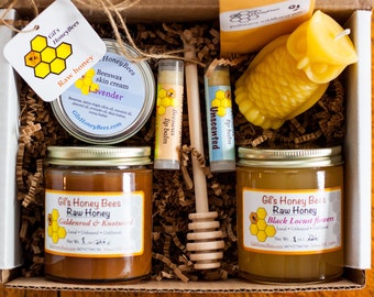 Honey gift basket. Raw honey, 100% beeswax candle, handcrafted lip balm, skin salve, honey dipper, and pollinators wildflowers mix