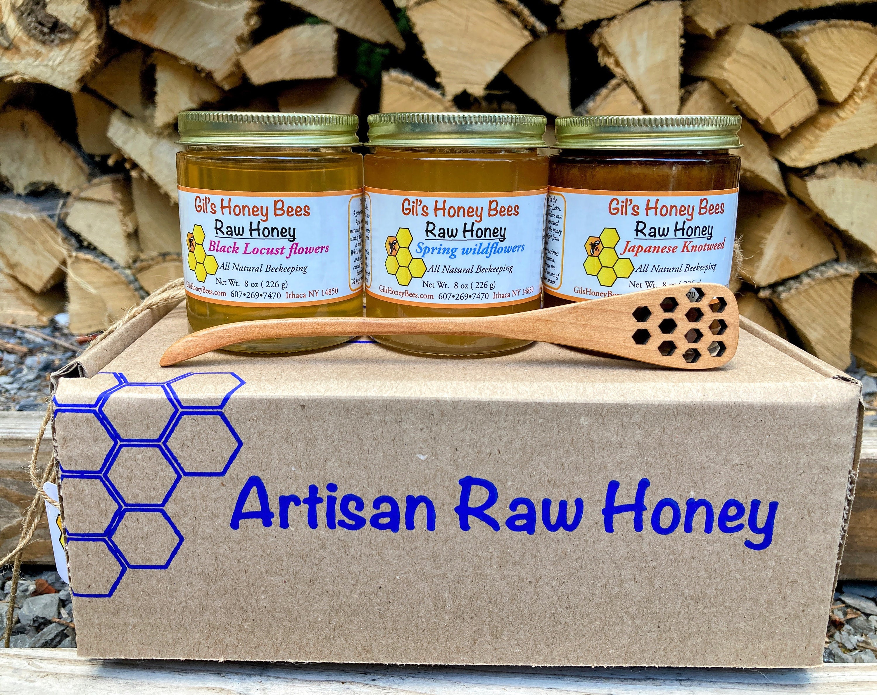Rosh Hashanah Honey Gift Box: Raw NY Sampler, Wooden Dipper, Sweet New Year Jewish Gift