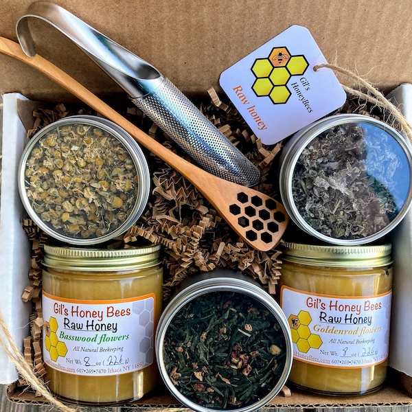 Fair trade organic tea and raw honey gift set. Honey, loose-leaf tea, tea infuser, and honey dipper