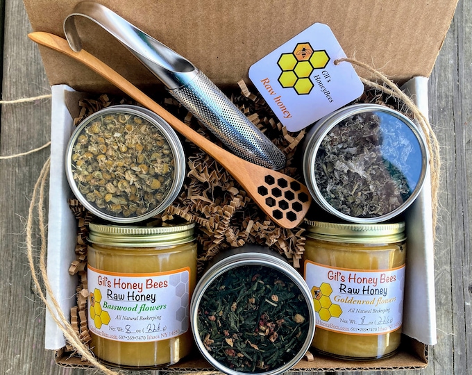 Fair trade organic tea and raw honey gift set. Honey, loose-leaf tea, tea infuser, and honey dipper