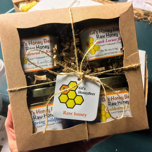 Raw honey sampler in a  gift box. Four 6-oz honey jars each is a  different variety from the Finger Lakes NY