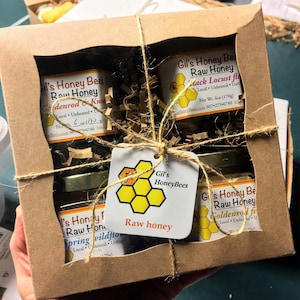 Raw Honey Sampler Gift Box - Four 6oz Jars - Local Seasonal Honeys - Real Raw Honey Tasting Set - Mother’s Day Gift Idea