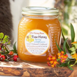 Raw honey from Spring Wildflowers in 2.5lb glass jar. Unheated and unfiltered pure varietal honey made in Ithaca NY