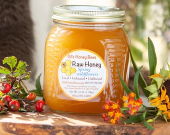 Raw honey from Spring Wildflowers in 2.5lb glass jar. Unheated and unfiltered pure varietal honey made in Ithaca NY