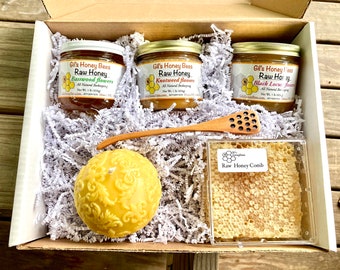 Holiday gift box -  raw honey jars, Fleur-de-lis 100% beeswax candle, real raw comb honey