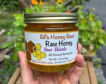 May include: A jar of Gil's Honey Bees Raw Honey, Star Thistle variety. The label features a honeycomb design and a bee illustration. The jar contains golden honey and is labeled as all-natural beekeeping, with a net weight of 1 lb (454g).
