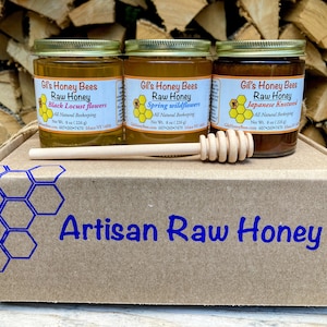 Raw Honey Sampler: 3 Seasonal Jars with Wooden Dipper - natural honey gift set