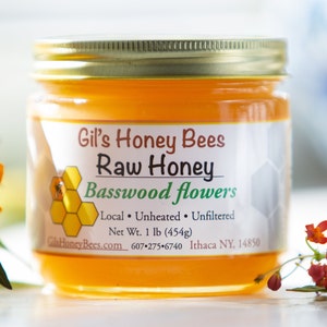 Raw basswood honey jar, artisan honey, NY made summer honey, pure honey in glass jar 1lb