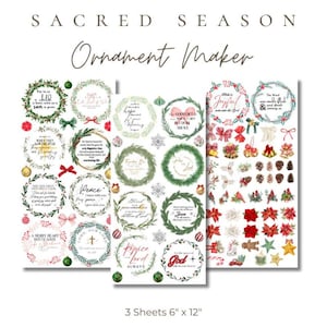Puede incluir: Tres hojas de pegatinas de adornos navideños. Las pegatinas presentan diseños de coronas con texto, lazos y otros elementos festivos. El texto incluye frases como "Paz" y "Alegre". Cada hoja mide 15,24 cm x 30,48 cm.