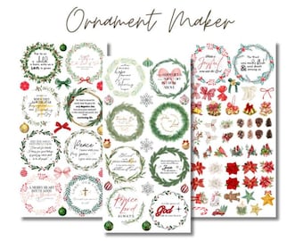 Calcomanías navideñas con versículos bíblicos / Transferencias para calcomanías / Corona navideña / Versículo bíblico / Calcomanías para manualidades