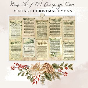 May include: Vintage Christmas Hymns decoupage tissue paper. The image shows sheets of sheet music with Christmas hymns. The text at the top reads "New 20 / 30 decoupage tissue" and "Vintage Christmas Hymns". A floral arrangement is at the bottom.