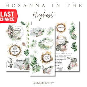 Puede incluir: Tres hojas de pegatinas con diseños florales y botánicos. Las pegatinas presentan coronas, hojas y arreglos florales con las palabras "Hosanna in the Highest" y otro texto religioso. Cada hoja mide 15,24 cm x 30,48 cm.