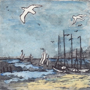 Barche a vela - Regata - Gabbiano di mare - Natura - Acquaforte acquatinta originale - Belle arti - edizione limitata firmata Marlene Neumann