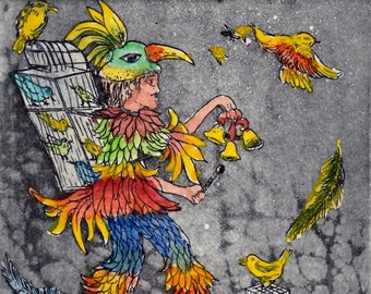 Papageno Papagena Königin der Nacht - Zauberflöte - Original-Radierung Miniatur - Aquarell - limitiert - signiert Marlene Neumann