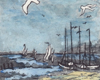 Sailing boats sailing - regatta - seagull sea - nature - original etching aquatint - fine art - limited signed Marlene Neumann