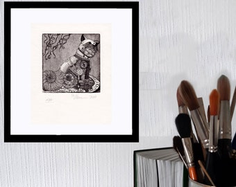 Steampunk cat - original etching miniature - printmaking - artist - limited edition - signed Marlene Neumann