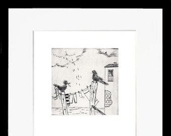 Waschtag - Vögel - Wäsche - Original-Radierung Sammlerstück Druckgrafik - Miniatur - limitierte Auflage: signiert nummeriert Marlene Neumann